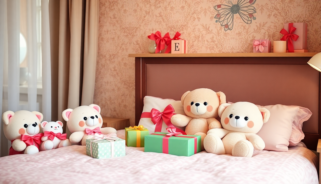 Some cute plush toys and gift boxes are within the bedroom