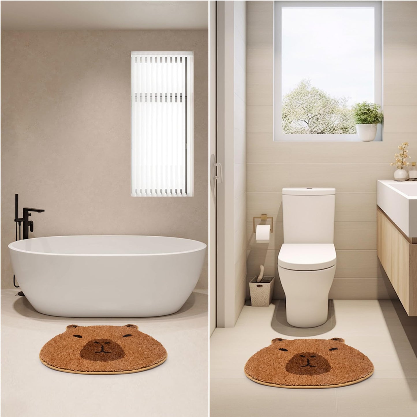 capybara bathroom mat with cute animal face design placed in modern bathroom setting