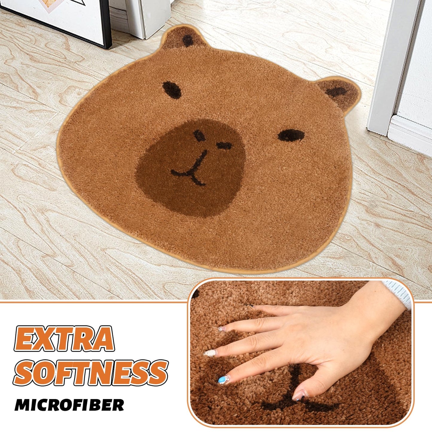 capybara bathroom mat in brown microfiber with soft texture and cute animal face design
