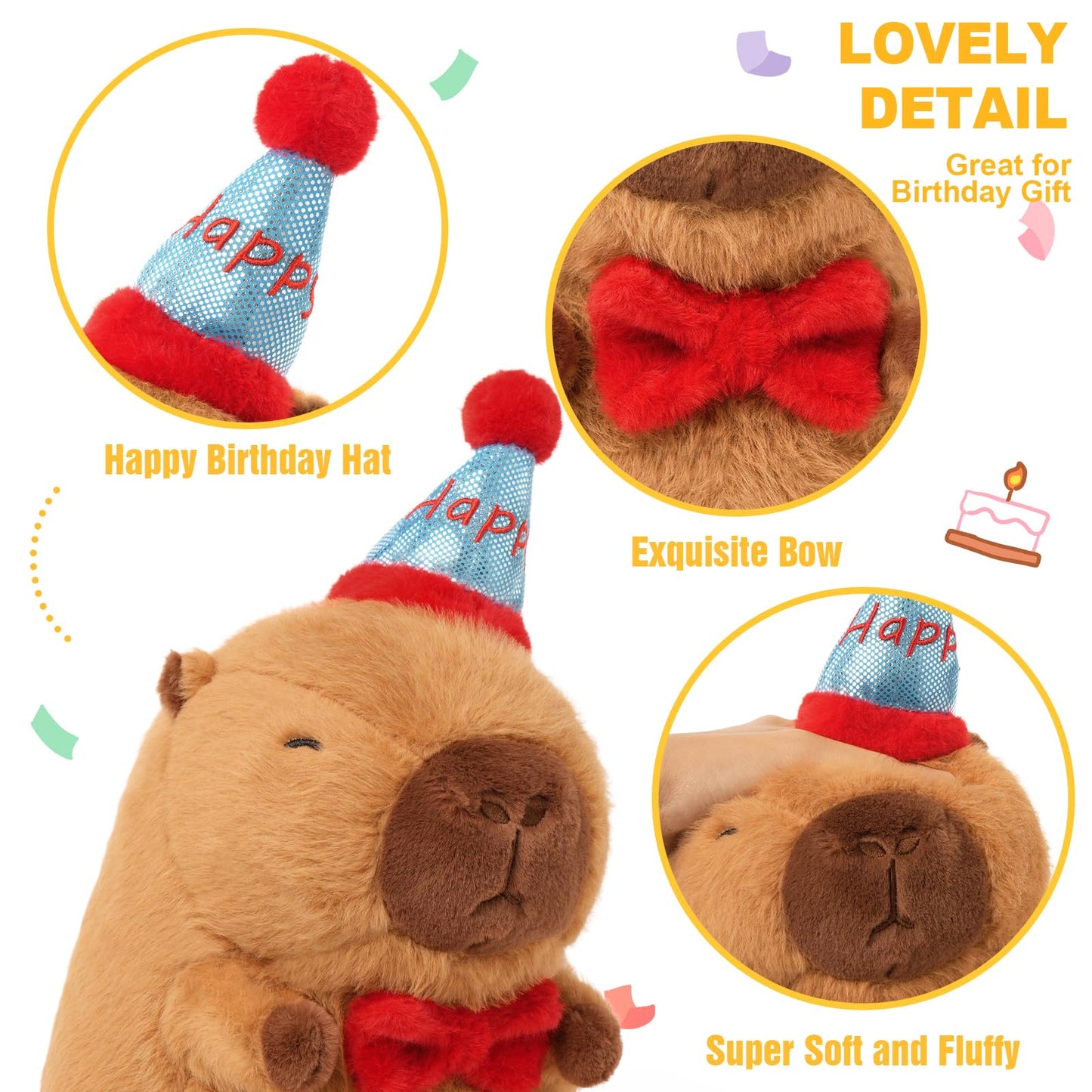 capybara birthday plush pillow with happy birthday hat red bow soft and fluffy