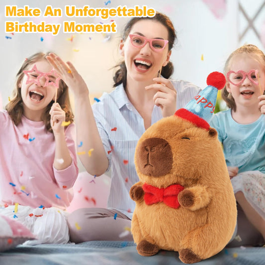 capybara birthday plush pillow wearing a blue party hat and red bow tie