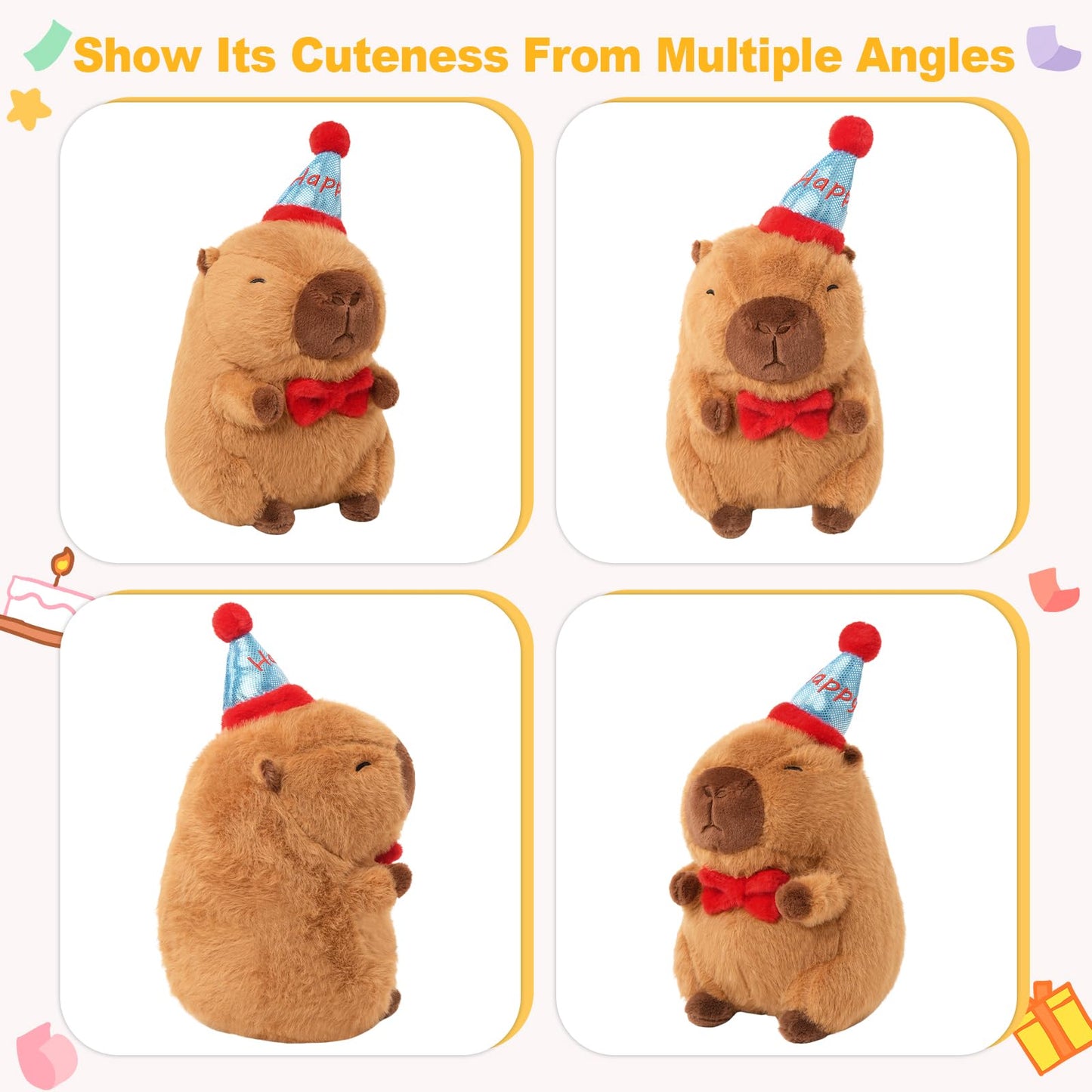 capybara birthday plush pillow shown from multiple angles with red bow tie and blue party hat