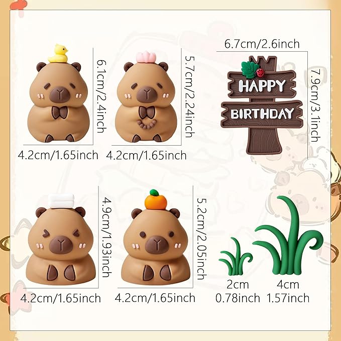 MrsCapybara capybara cake toppers set with cute hats and happy birthday sign measuring various small sizes