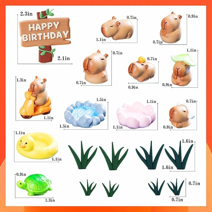 MrsCapybara capybara cake toppers set with happy birthday sign, various capybara figures, lily pads, grass, turtle, and duck float