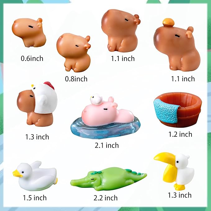 MrsCapybara capybara cake toppers set featuring various small animal and accessory figures with size details