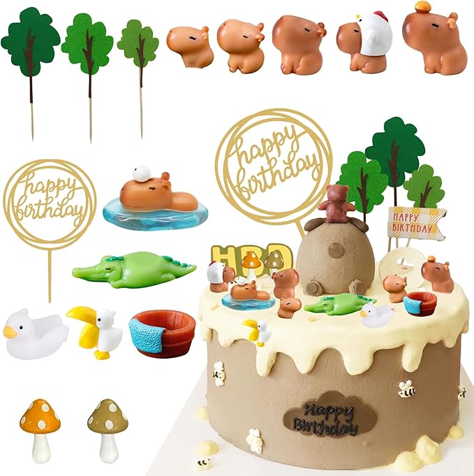 Capybara cake toppers set with trees, mushrooms, animals, and happy birthday decorations on cake
