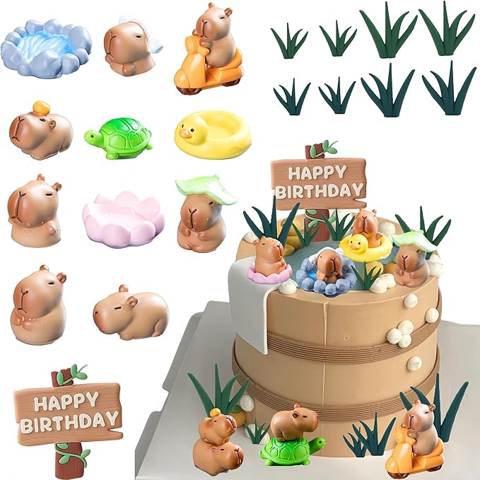 Capybara cake toppers including capybaras, turtle, duck float, grass, and happy birthday signs on birthday cake