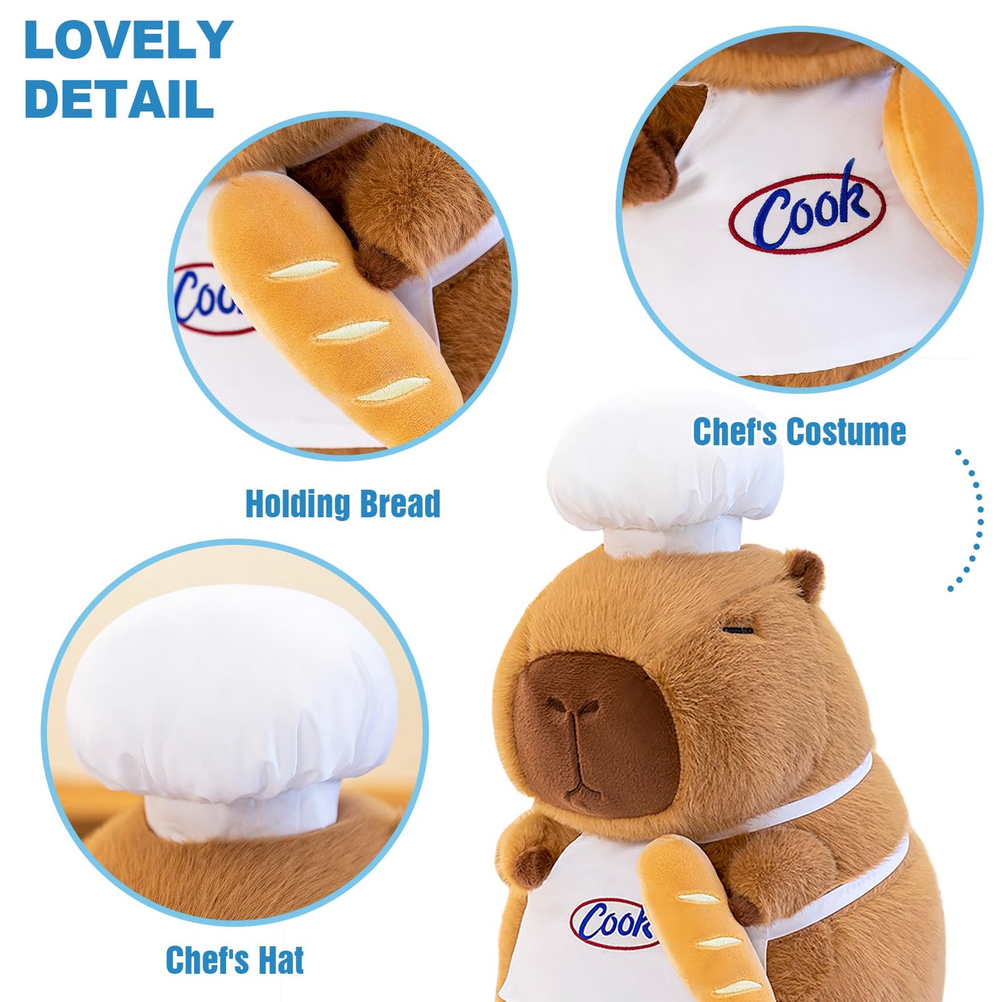 capybara chef plush wearing white chef hat and apron holding a loaf of bread