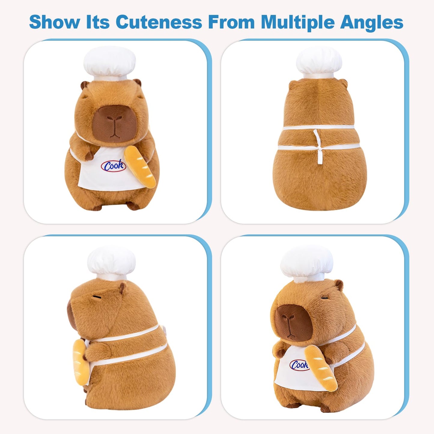 capybara chef plush shown from front, back, and side angles holding a baguette