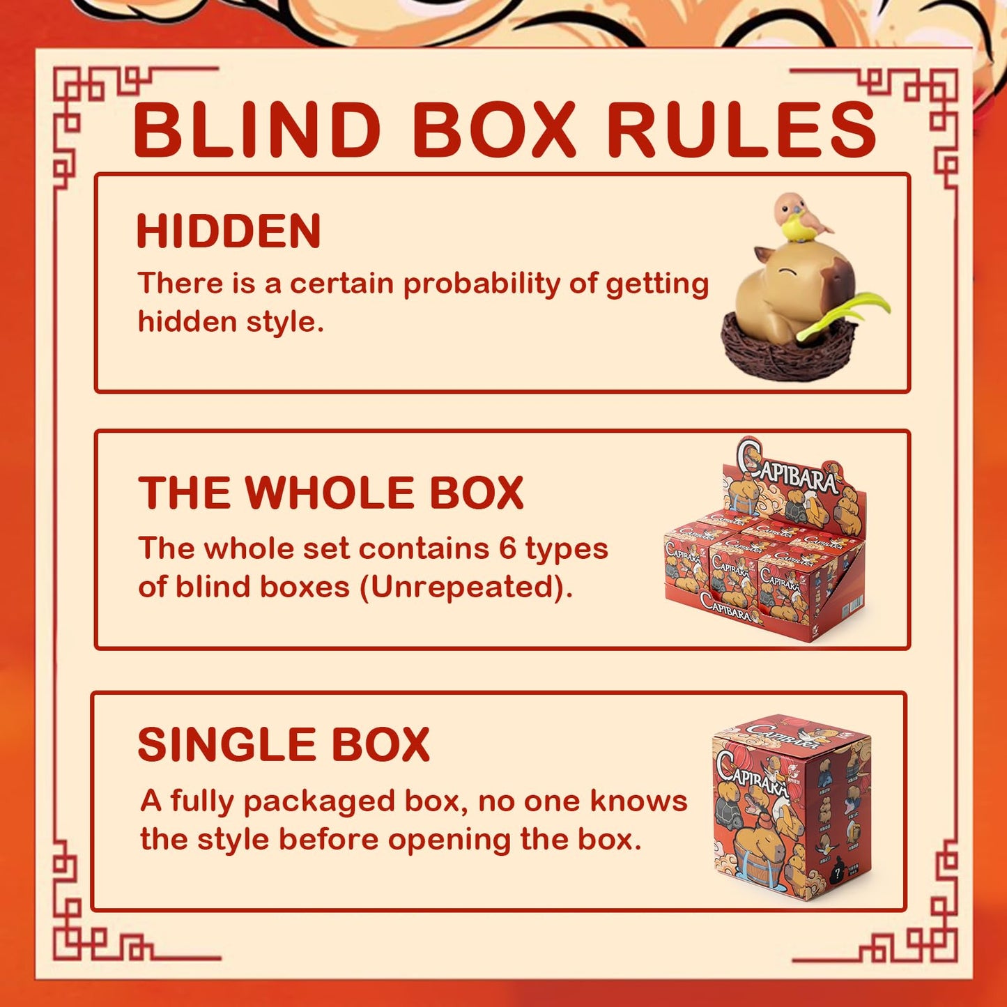 Capybara Cute Cake Toppers blind box packaging showing hidden style and six unique designs