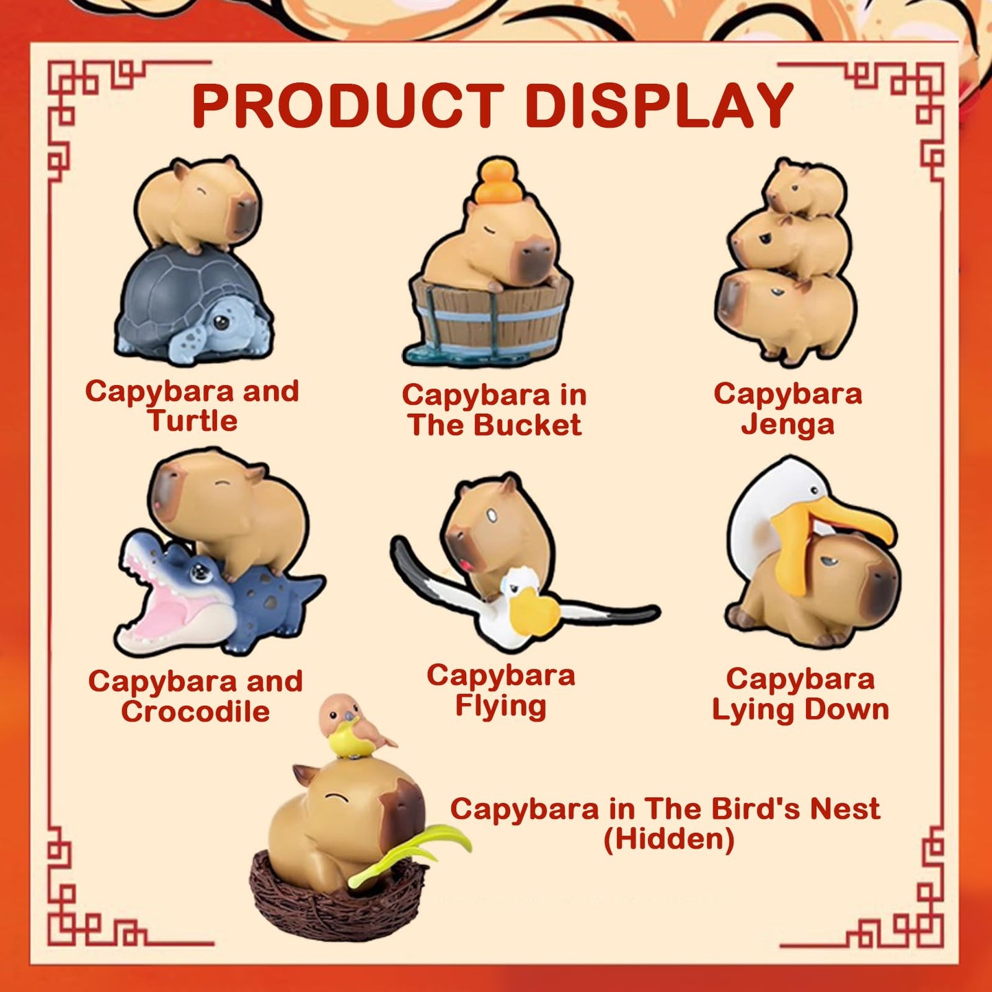 Capybara Cute Cake Toppers featuring capybara with turtle, bucket, Jenga stack, crocodile, flying, lying down, and bird's nest designs