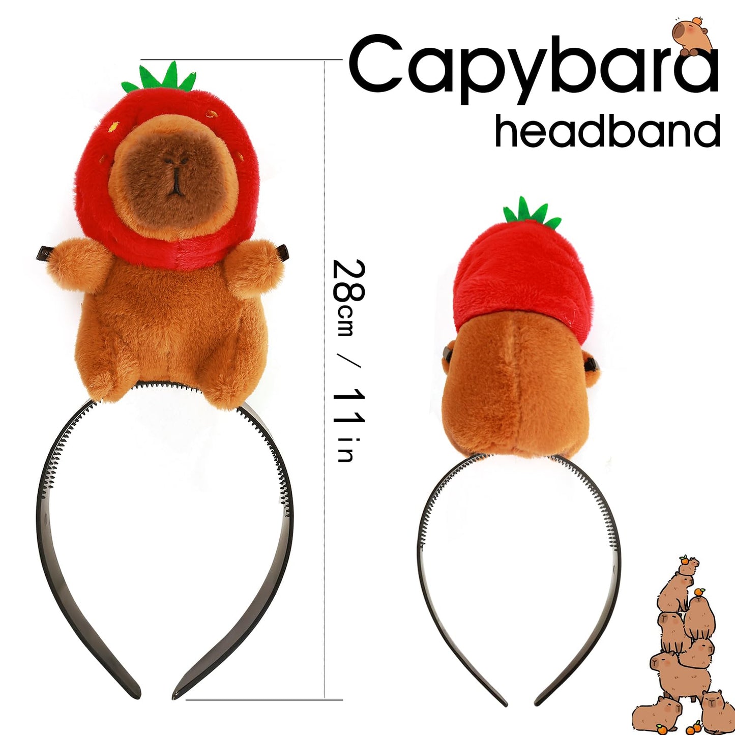 cute capybara headband accessory with plush strawberry hat measuring 28cm height