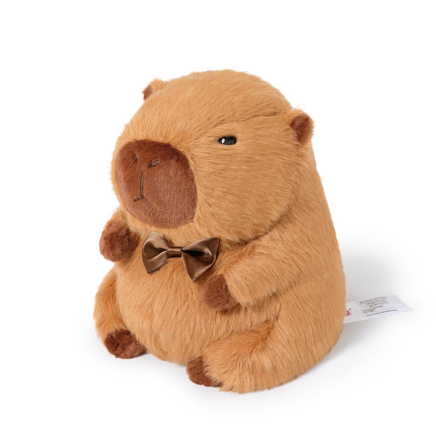 plush capybara heating pad for cramps with soft fur and a brown bow tie