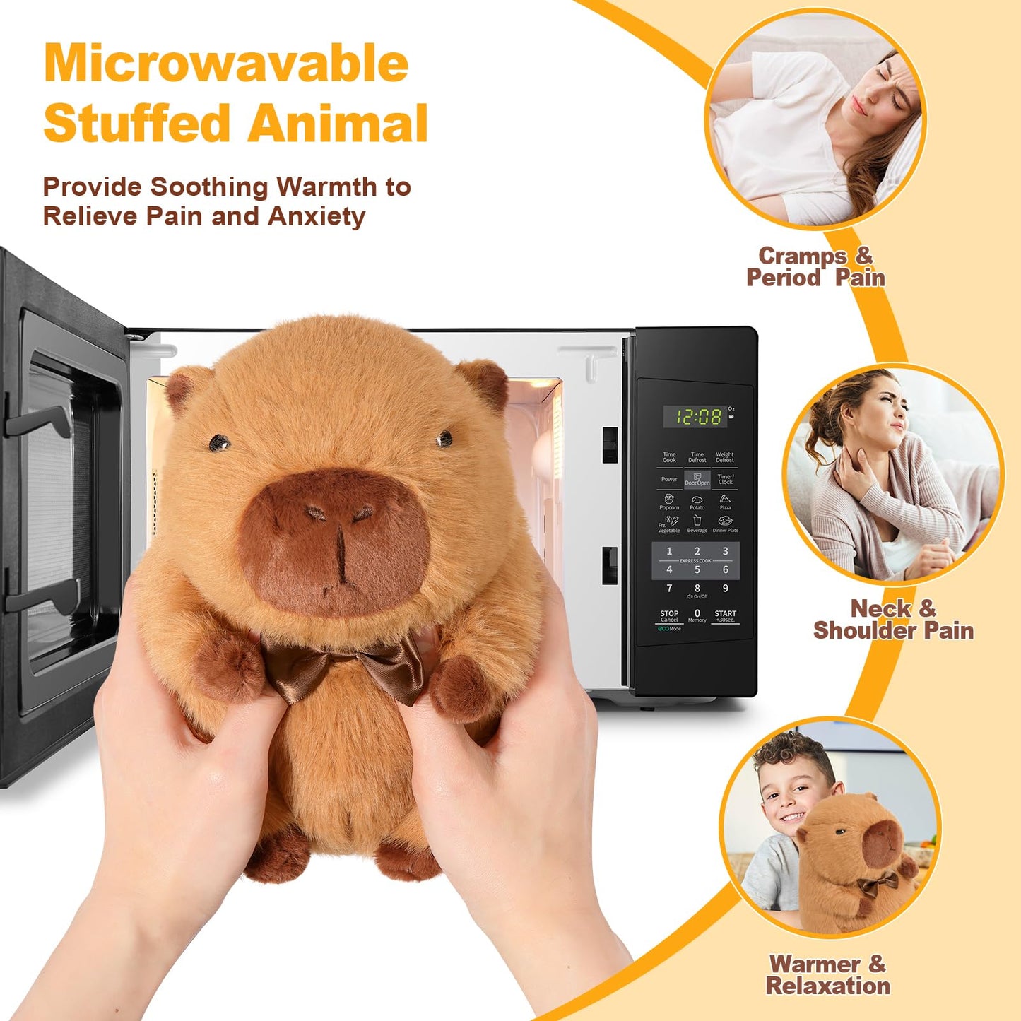 Microwavable capybara heating pad for cramps stuffed animal providing soothing warmth for pain relief