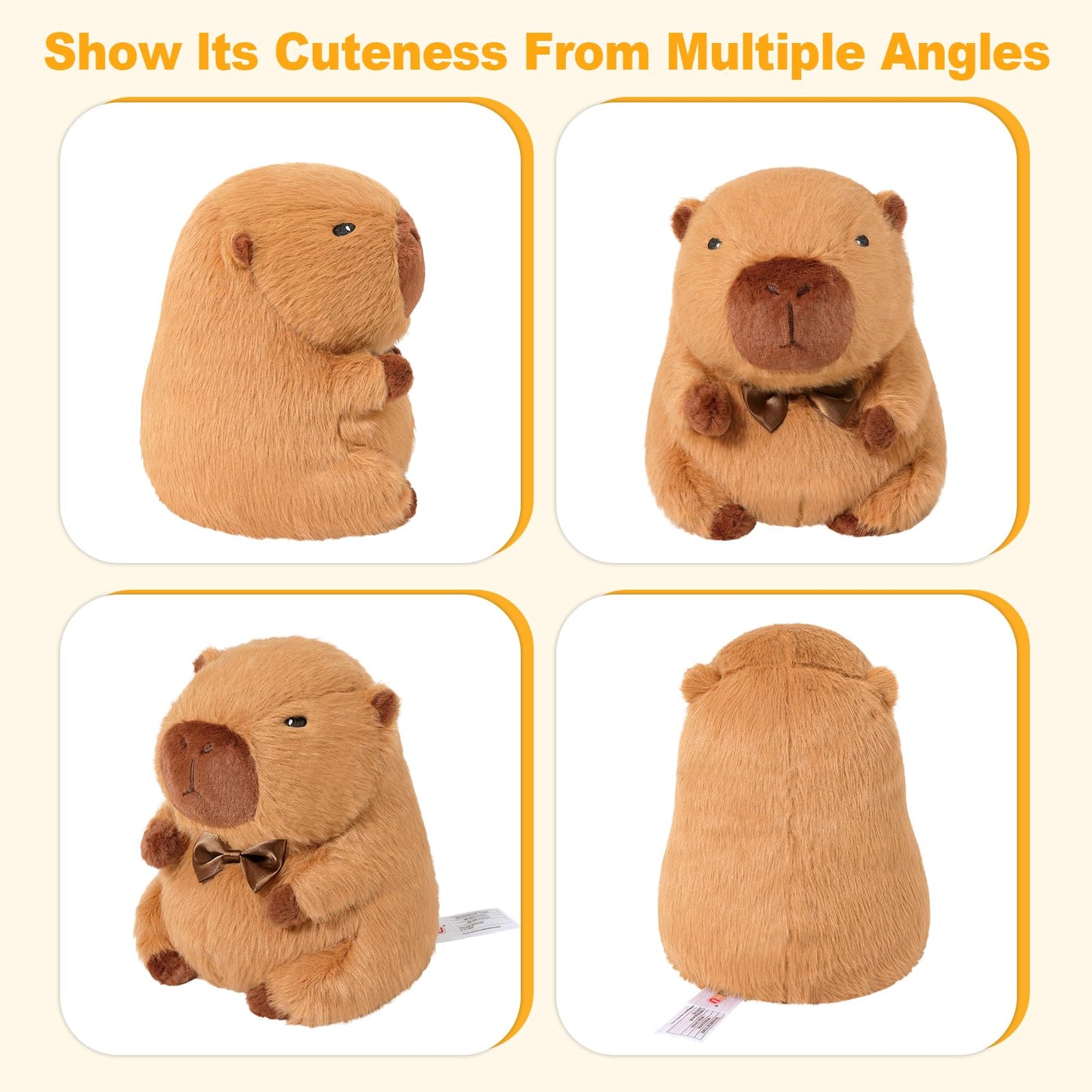capybara heating pad for cramps shown from multiple angles with soft plush texture and bow tie