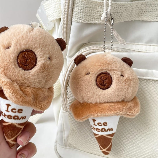 capybara ice cream keychain plush toy with soft brown and beige colors