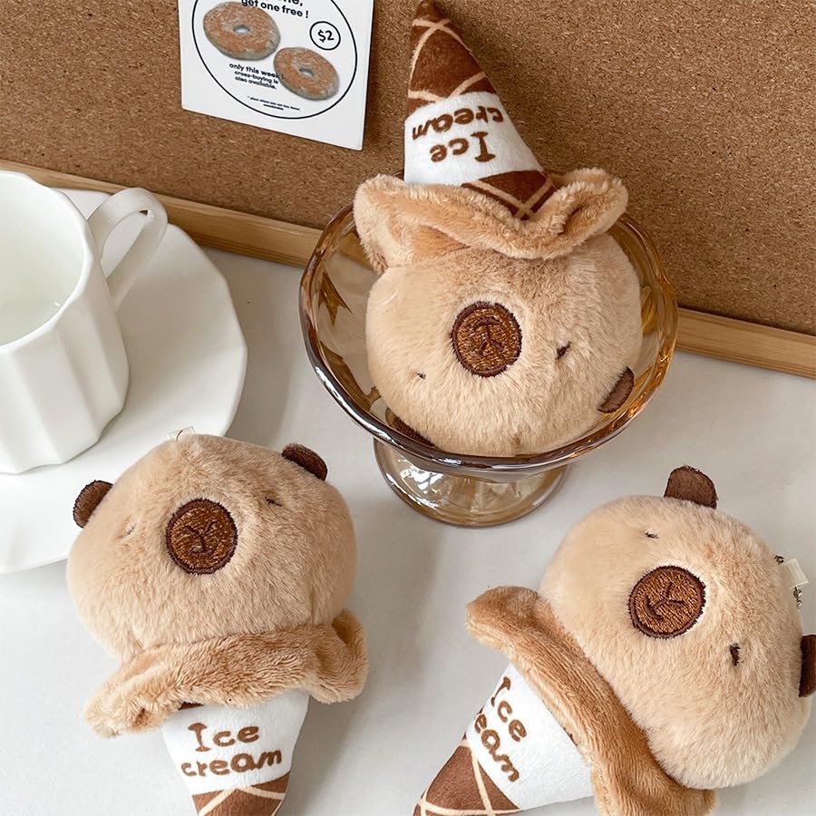 capybara ice cream keychain plush toys with soft fabric and ice cream cone design