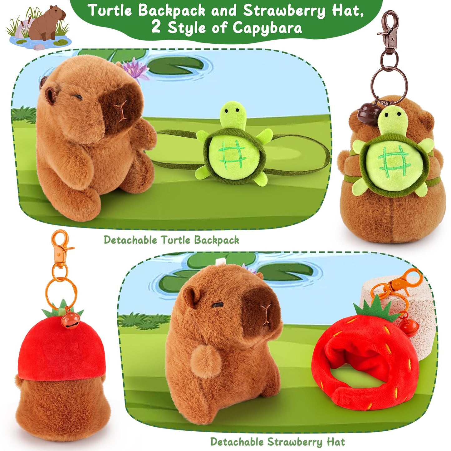 capybara keychain set with detachable turtle backpack and strawberry hat plush accessories