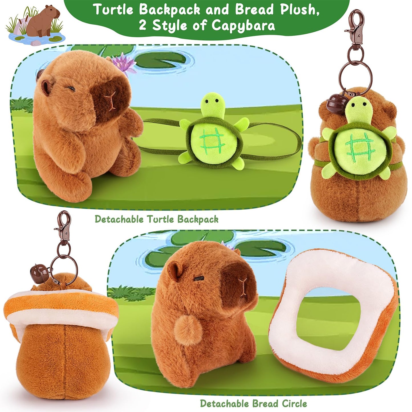capybara keychain set with two plush styles including turtle backpack and detachable bread circle