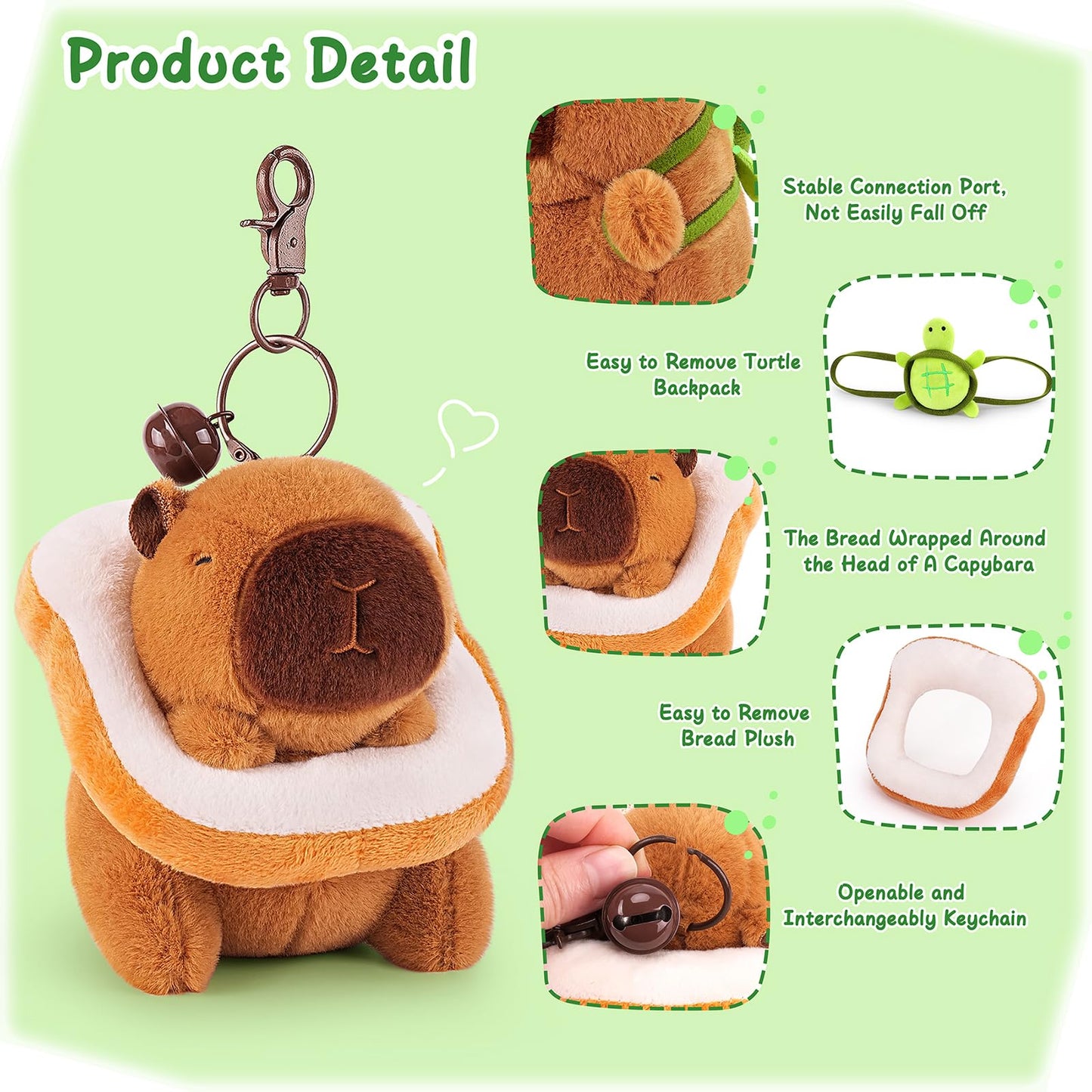 capybara keychain set plush toy with bread wrap and removable backpack details