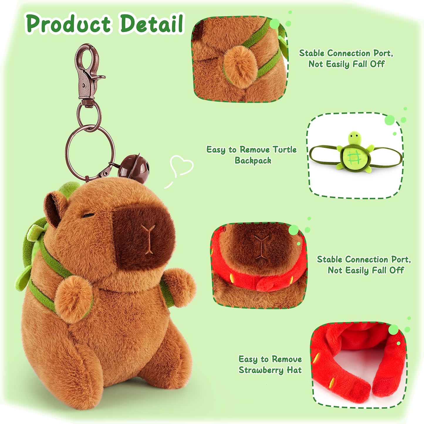 soft plush capybara keychain set with removable turtle backpack and strawberry hat accessories