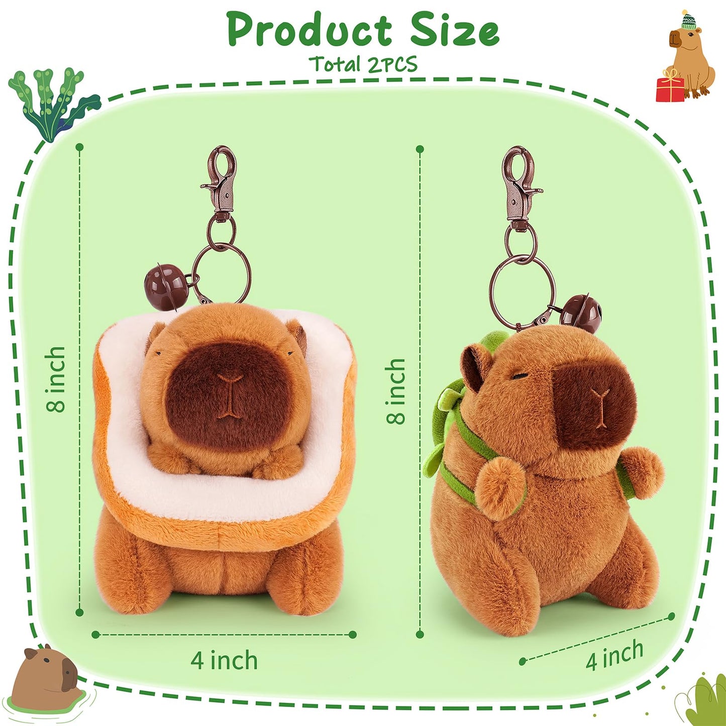 capybara keychain set with two plush keychains measuring 8 by 4 inches each