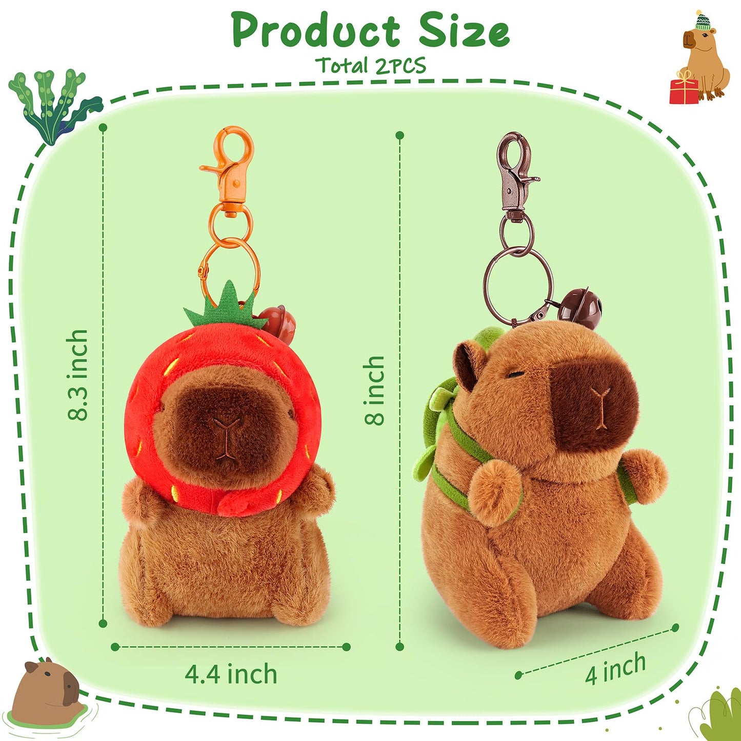 capybara keychain set with two plush capybara designs measuring 8.3 and 8 inches tall
