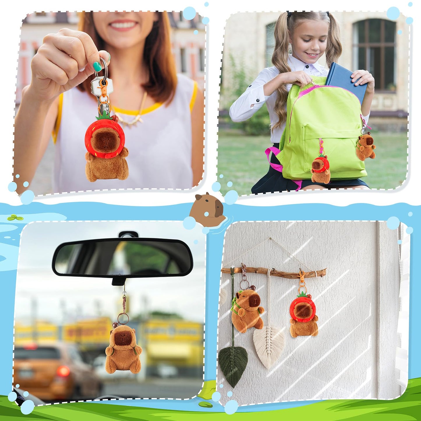 Capybara keychain set featuring plush capybara toys for backpacks car keys and wall hanging