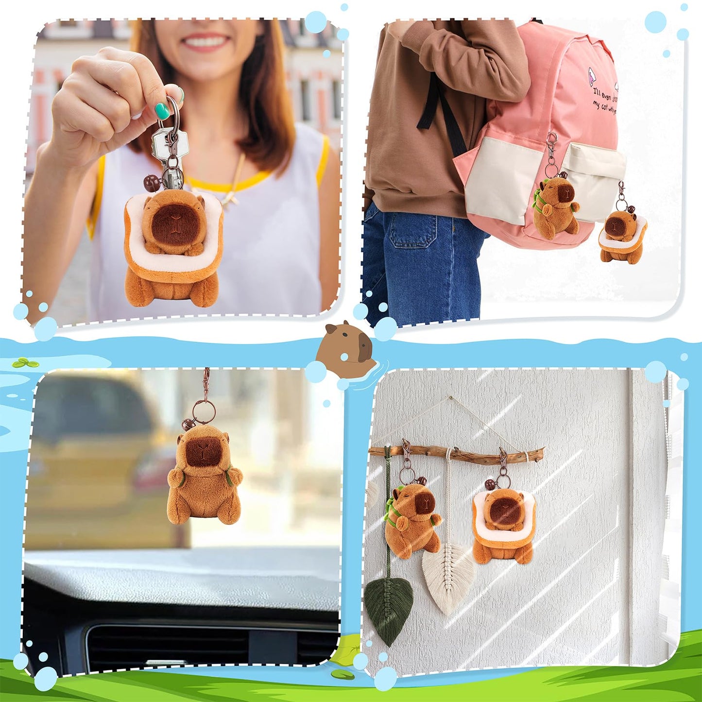 capybara keychain set featuring cute plush capybara designs attached to bags and hanging decor