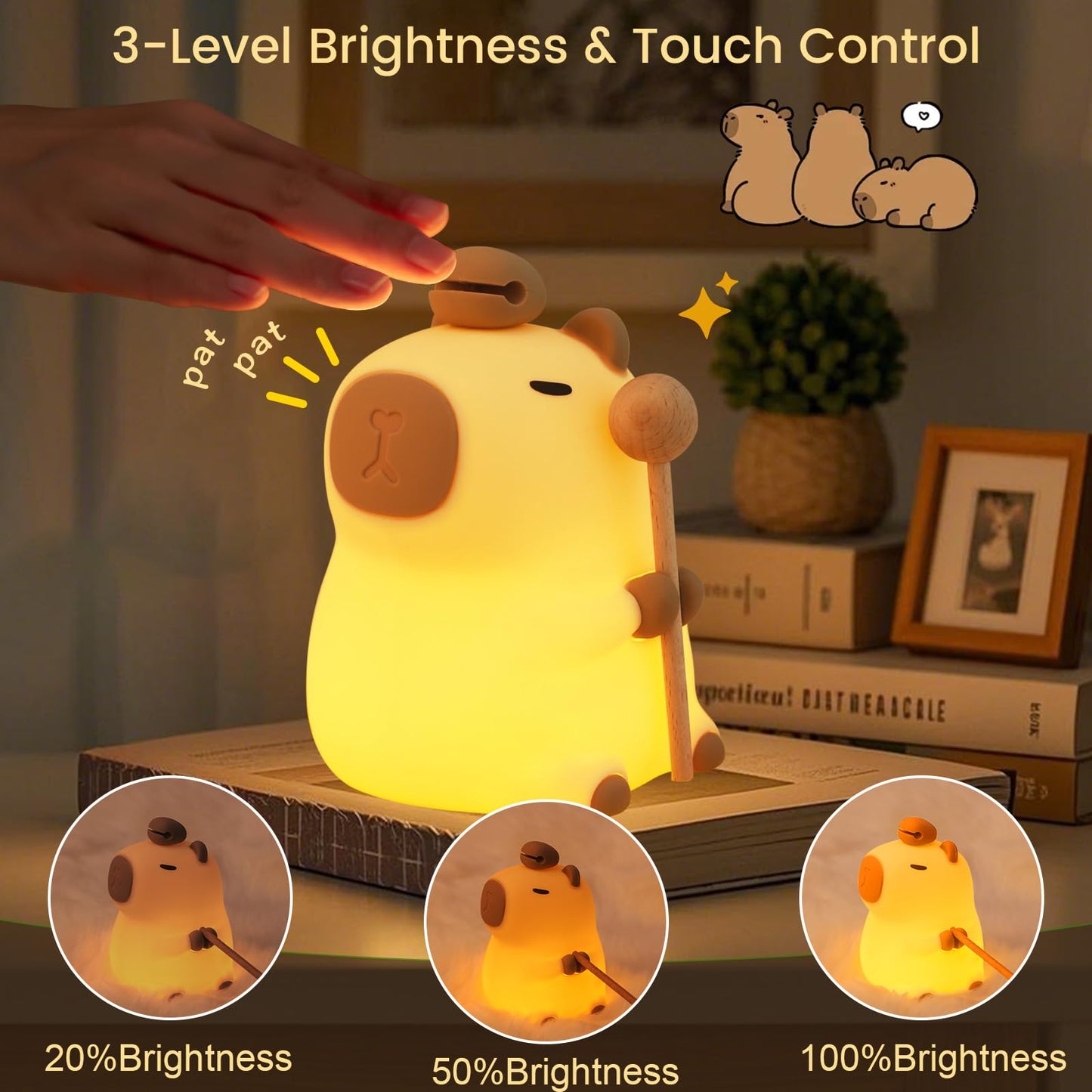 capybara night light with 3-level brightness and touch control sitting on a table