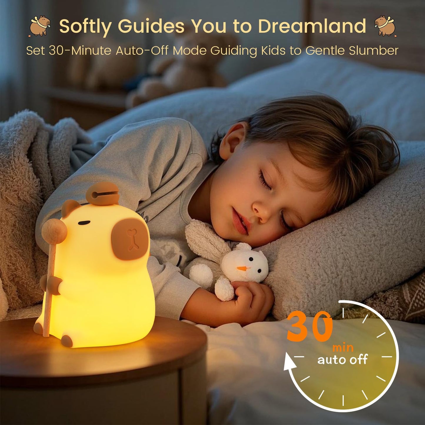 capybara night light glowing softly on bedside table next to sleeping child