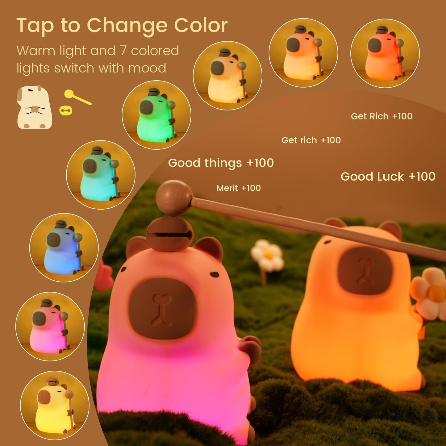 capybara night light with warm and 7 color modes for mood lighting and decoration