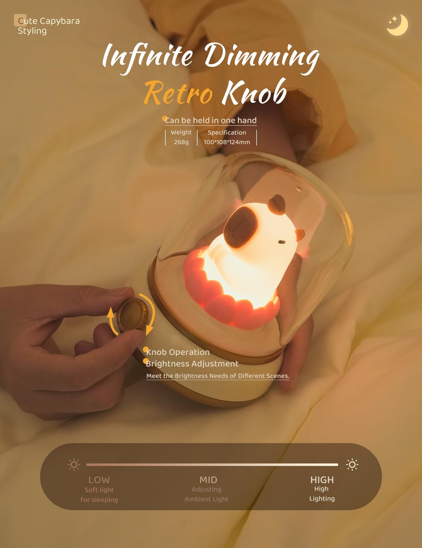 capybara night light with infinite dimming retro knob on bed for adjustable brightness
