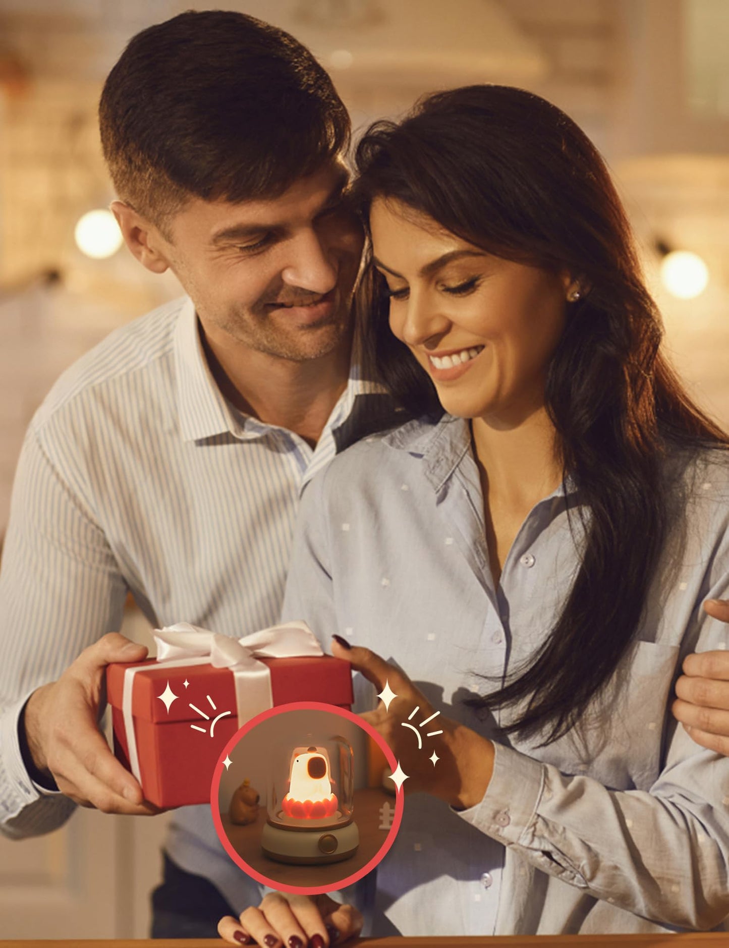 Couple holding gift box featuring a red capybara night light as a charming and cozy present