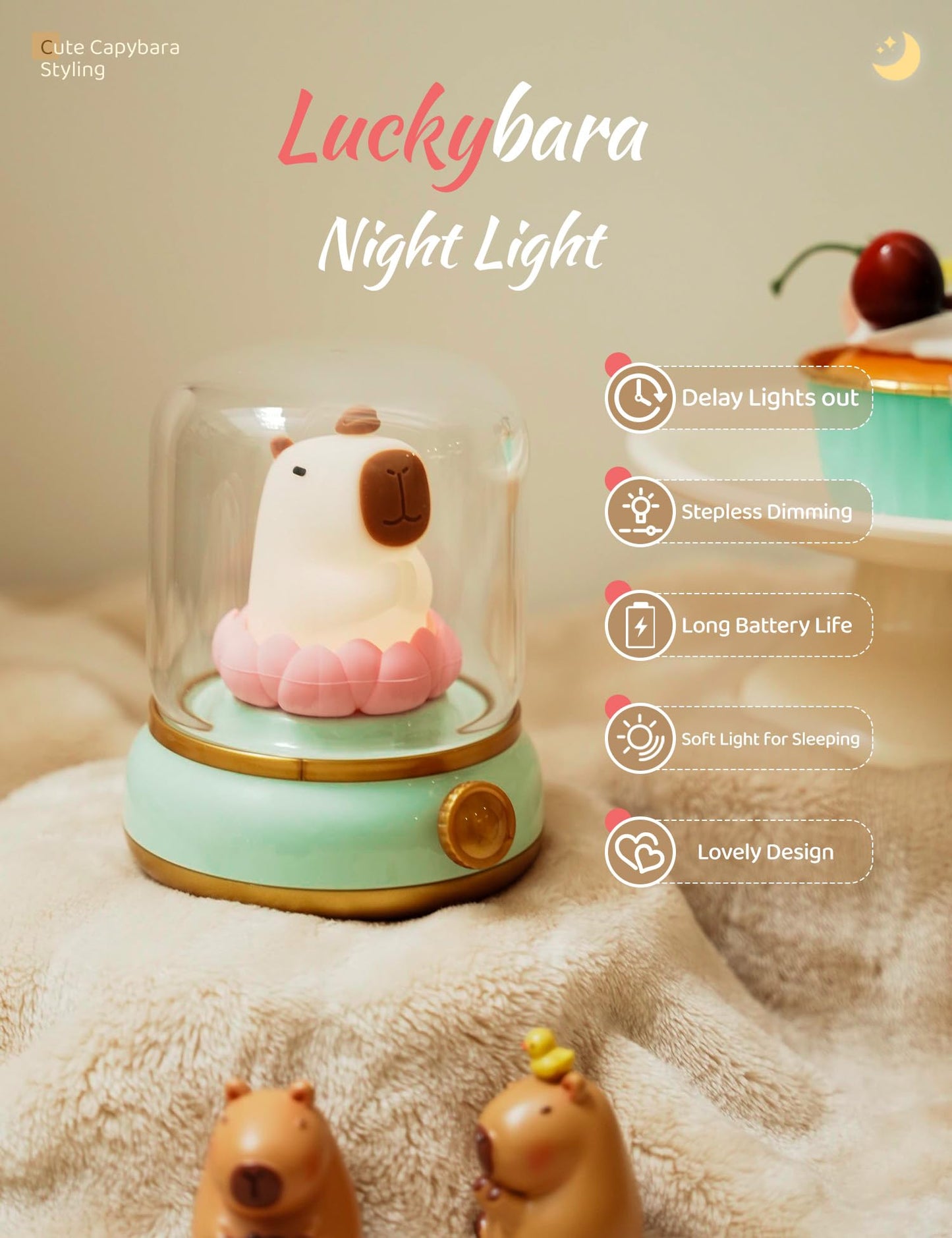 Cute capybara night light with soft glowing light and pastel green base for cozy bedroom decor