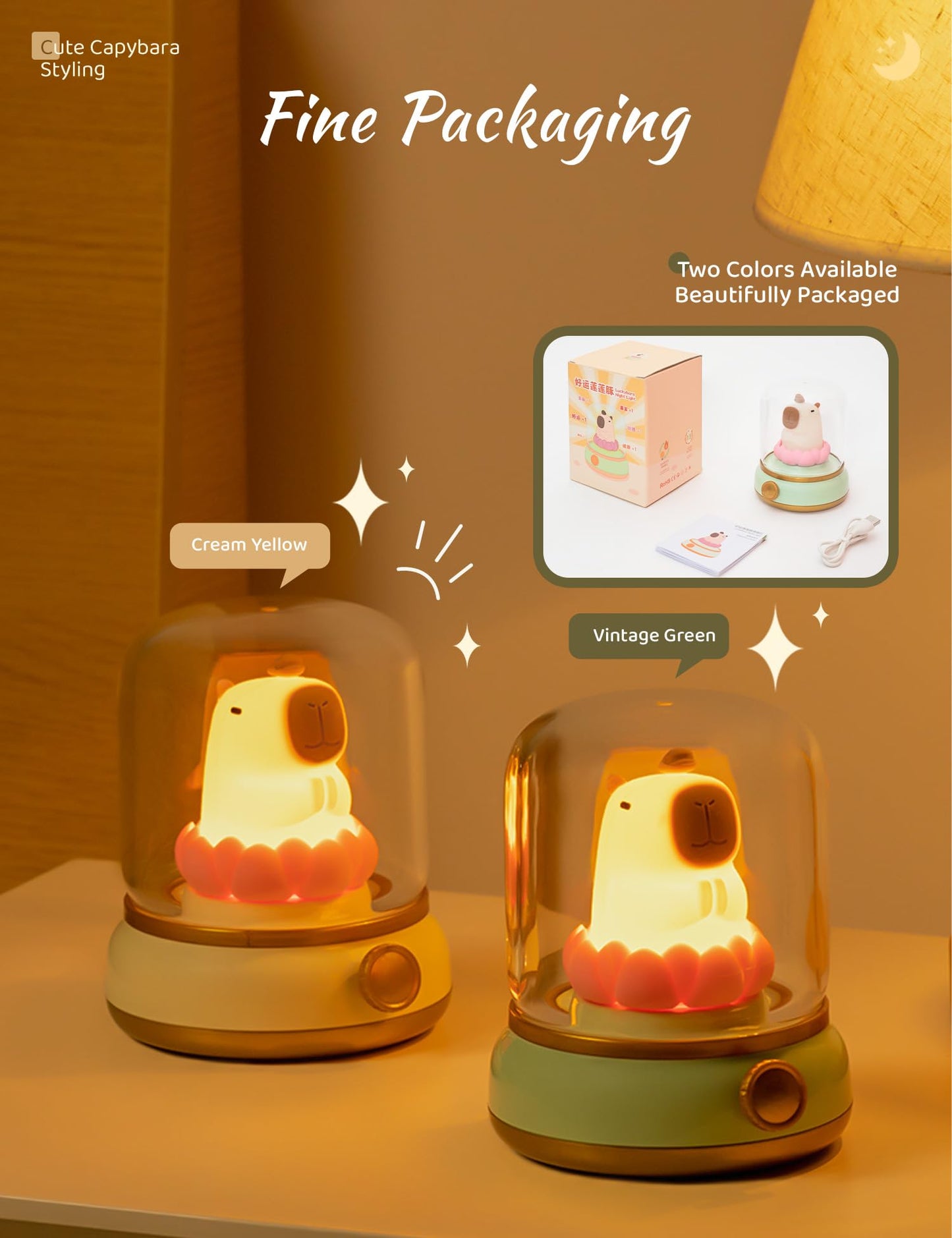 capybara night light in cream yellow and vintage green with soft glowing warm light under glass dome