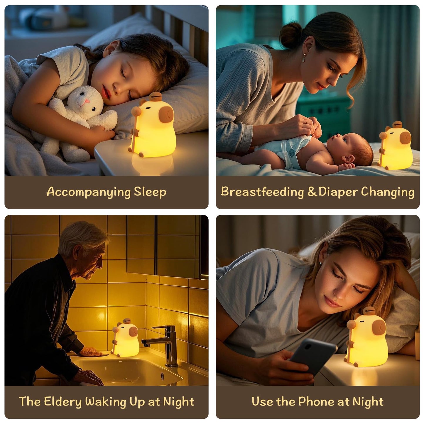 capybara night light glowing softly beside child sleeping and mother with baby at night