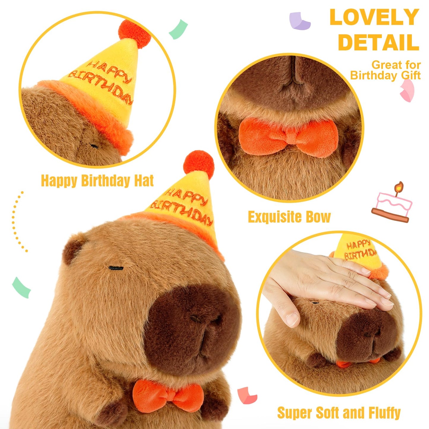 capybara pillow plush with happy birthday hat, orange bow, and super soft fluffy fur