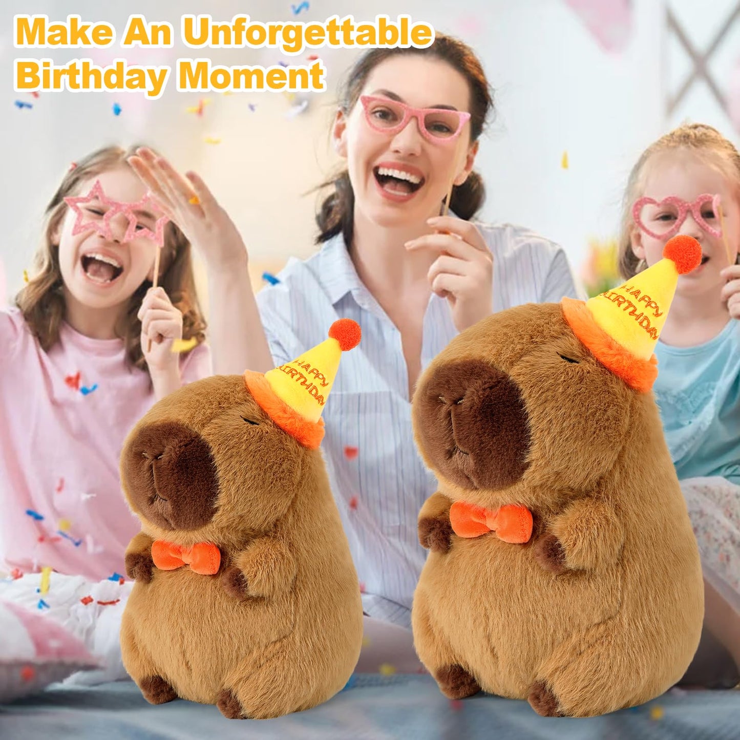 capybara pillow plush wearing a happy birthday hat displayed with joyful family celebration