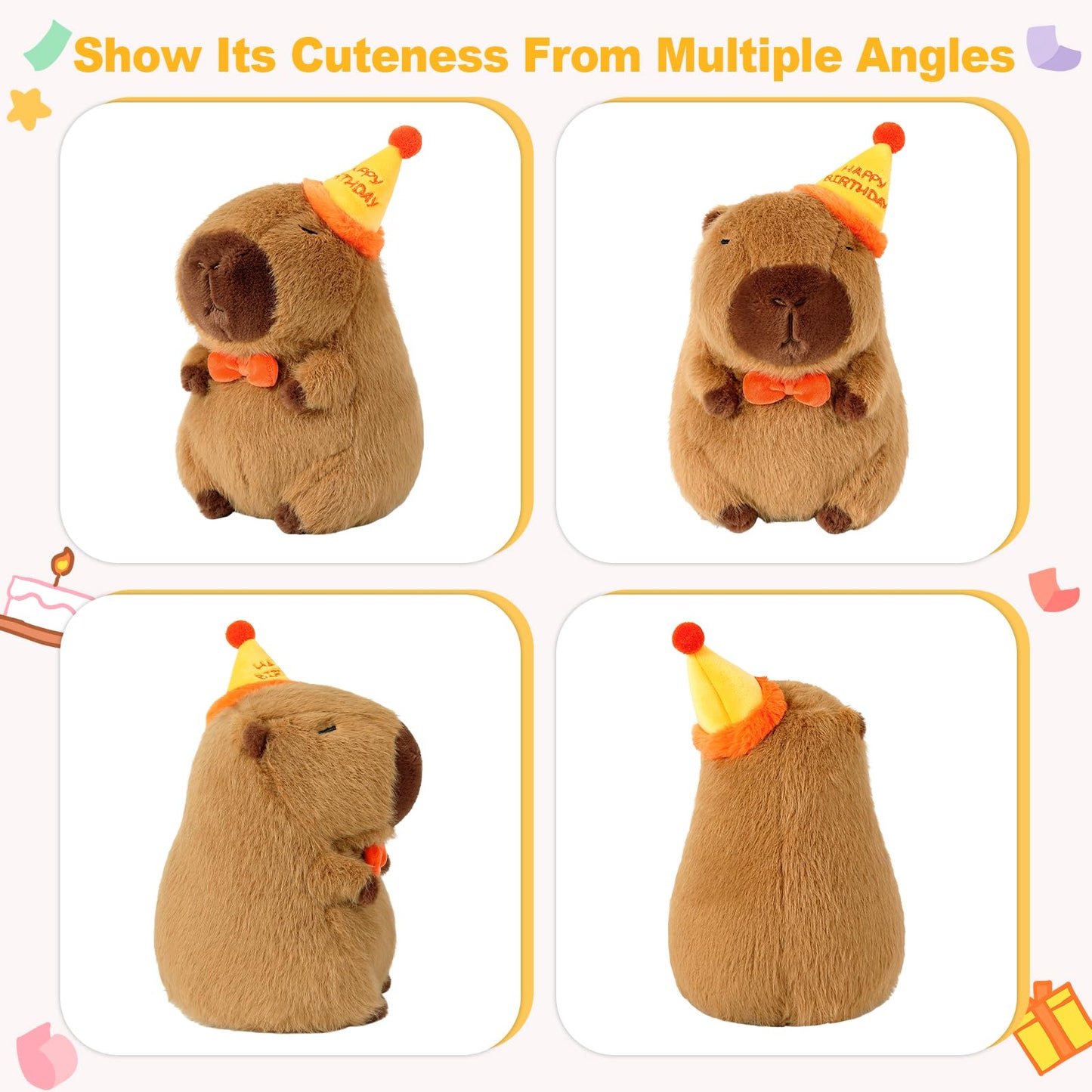 capybara pillow plush shown from multiple angles wearing a party hat and orange bow tie