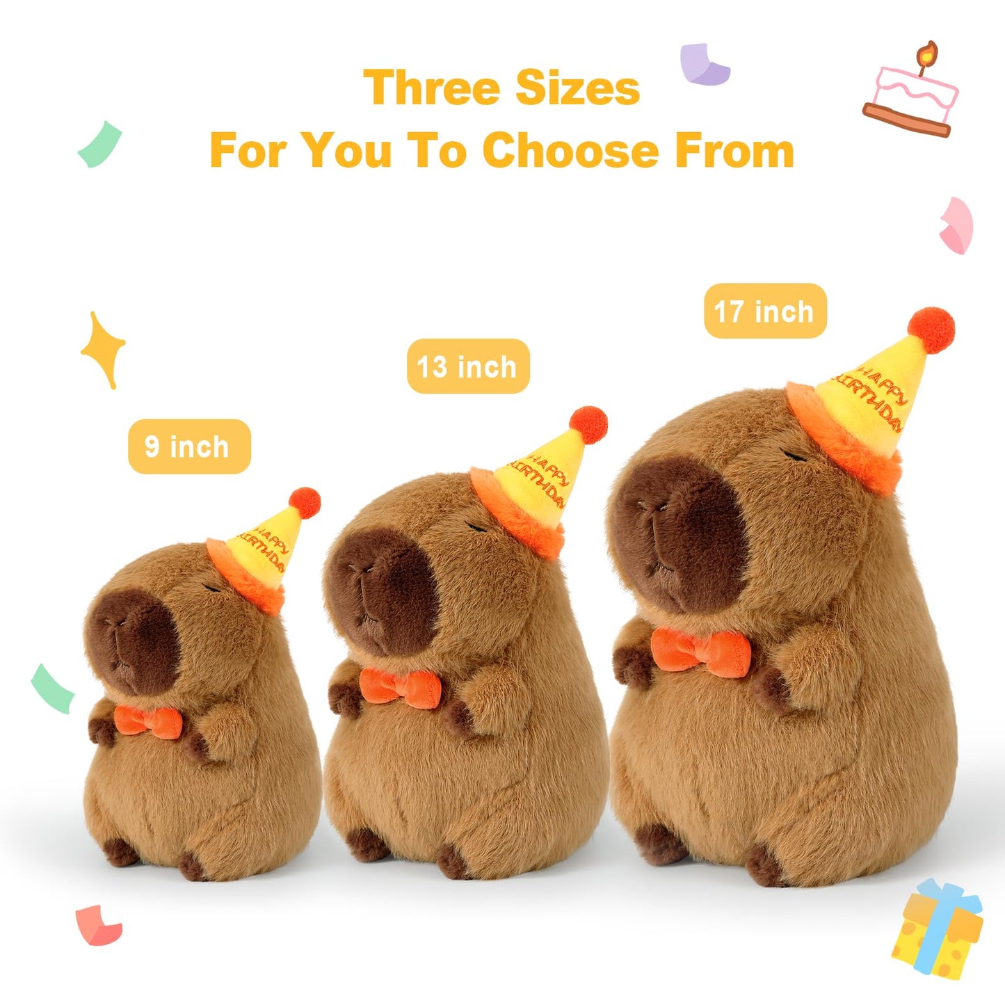 Three sizes of Ditucu capybara pillow plush with birthday hats and orange bow ties