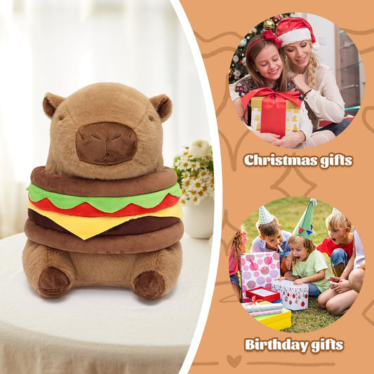 capybara plush burger pillow with soft brown fur and colorful burger layers