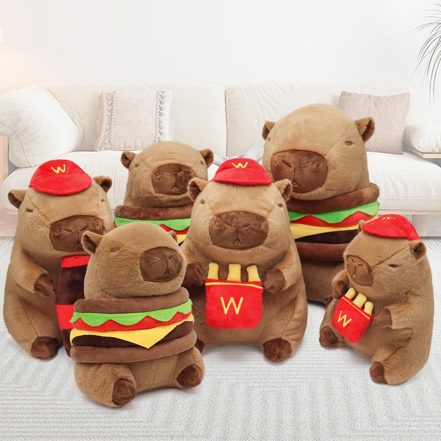 Set of capybara plush burger pillow toys dressed as fast food workers with fries and drink accessories