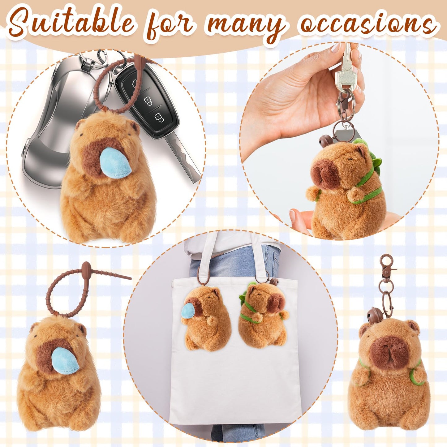 capybara plush keychain attached to keys and tote bag showing soft brown stuffed toy