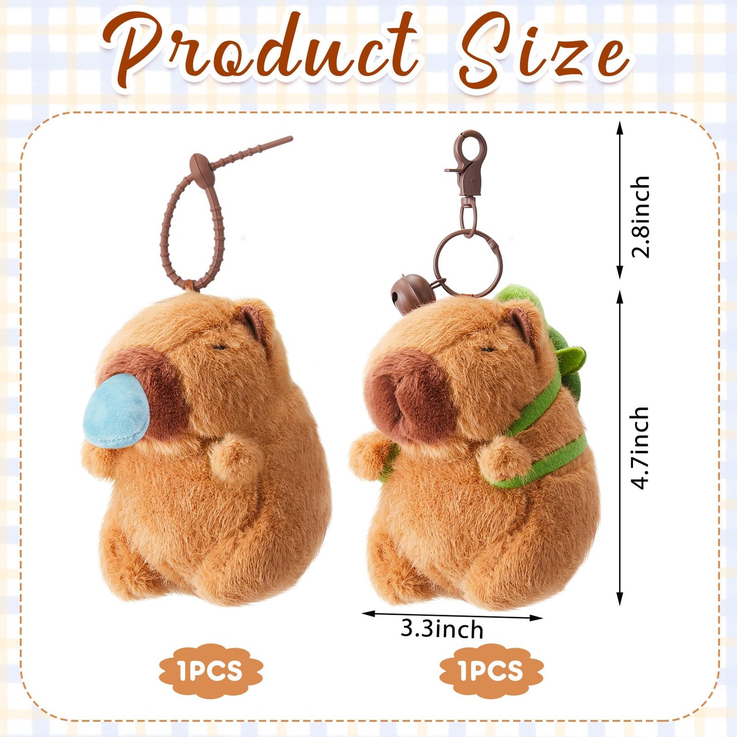 capybara plush keychain in brown with blue nose and green accessory showing size dimensions