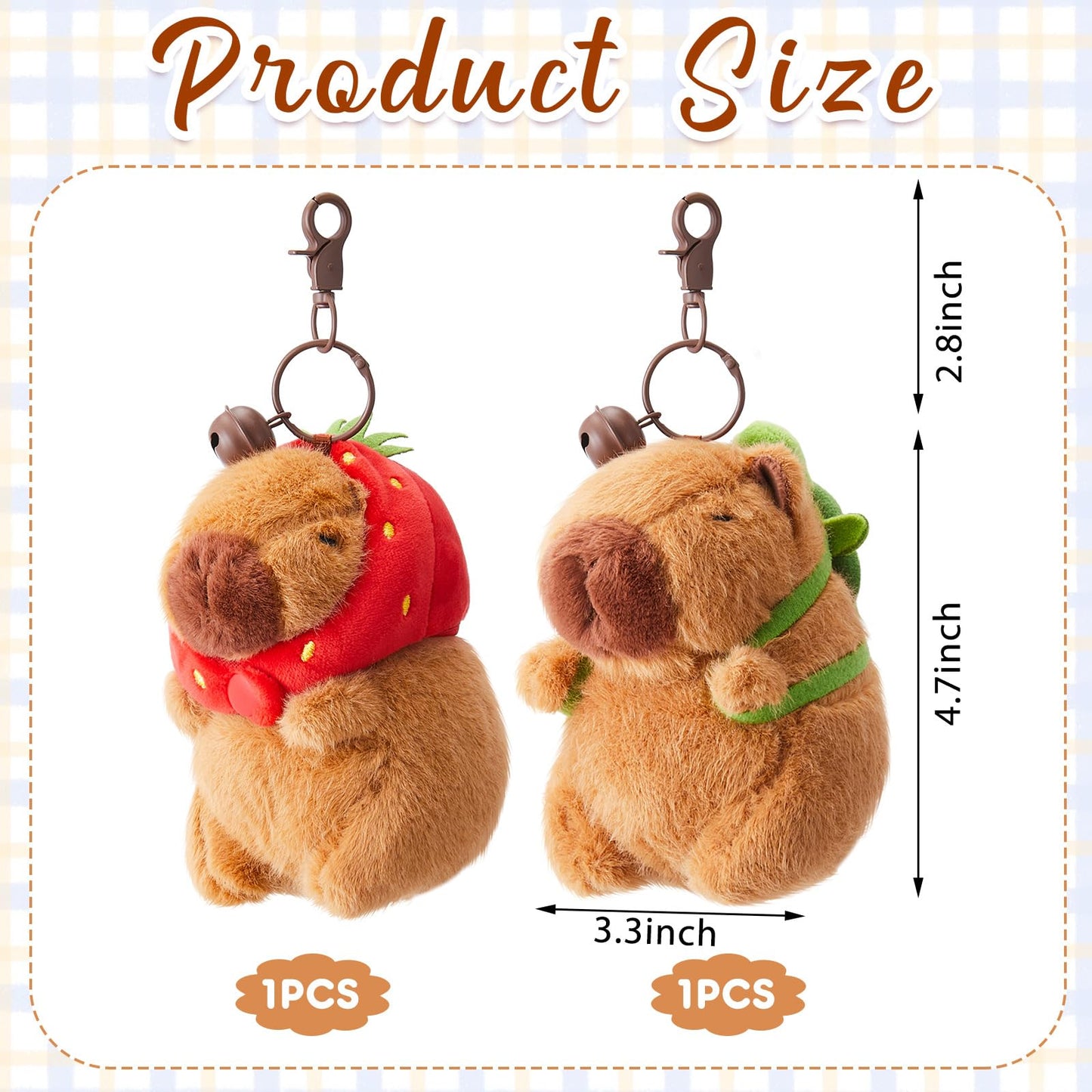 Capybara plush keychain with turtle bag and strawberry hat measuring 4.7 by 3.3 inches by Simgoing