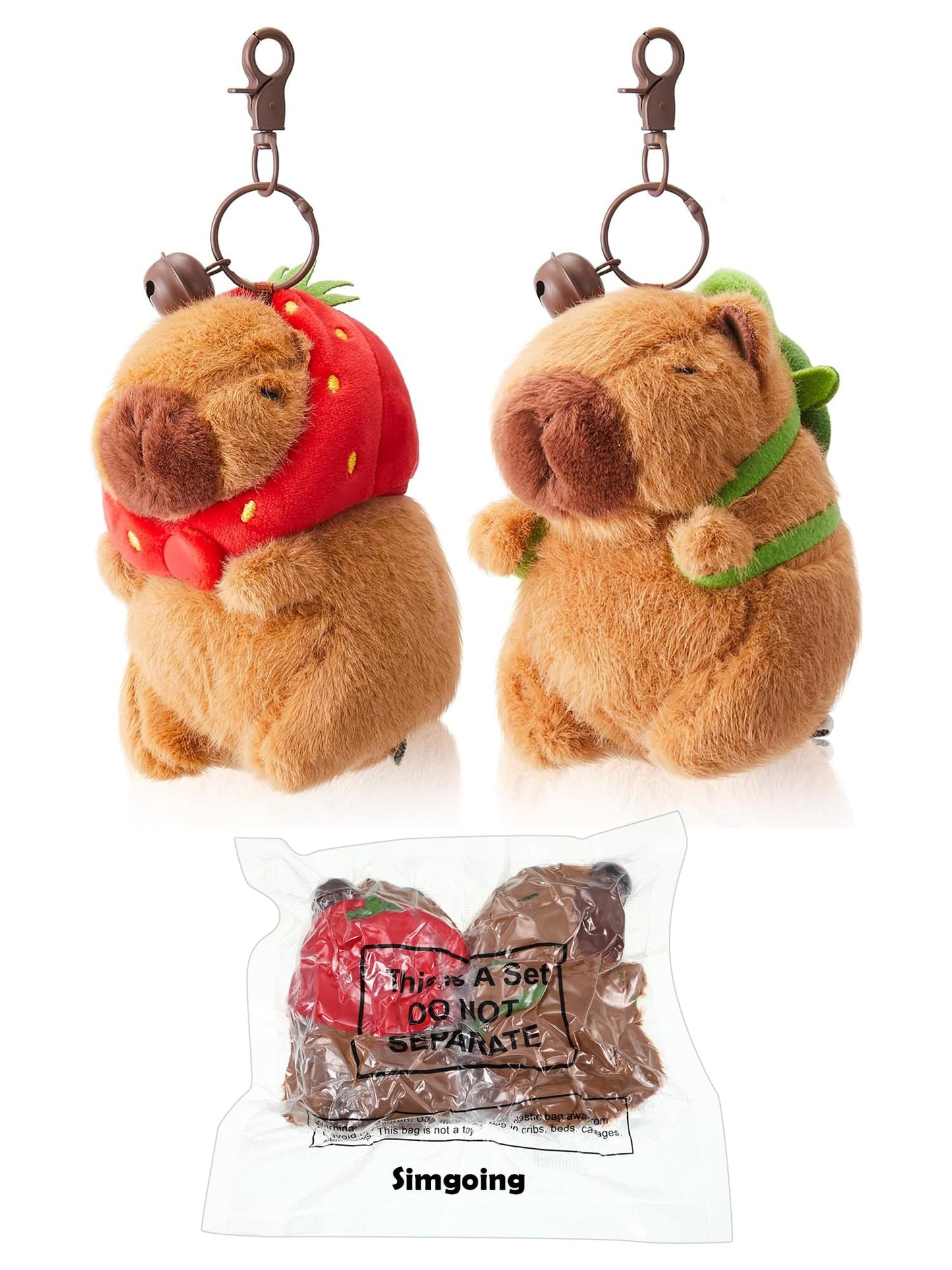 capybara plush keychain with turtle bag featuring two soft animal keychains with clip attachments
