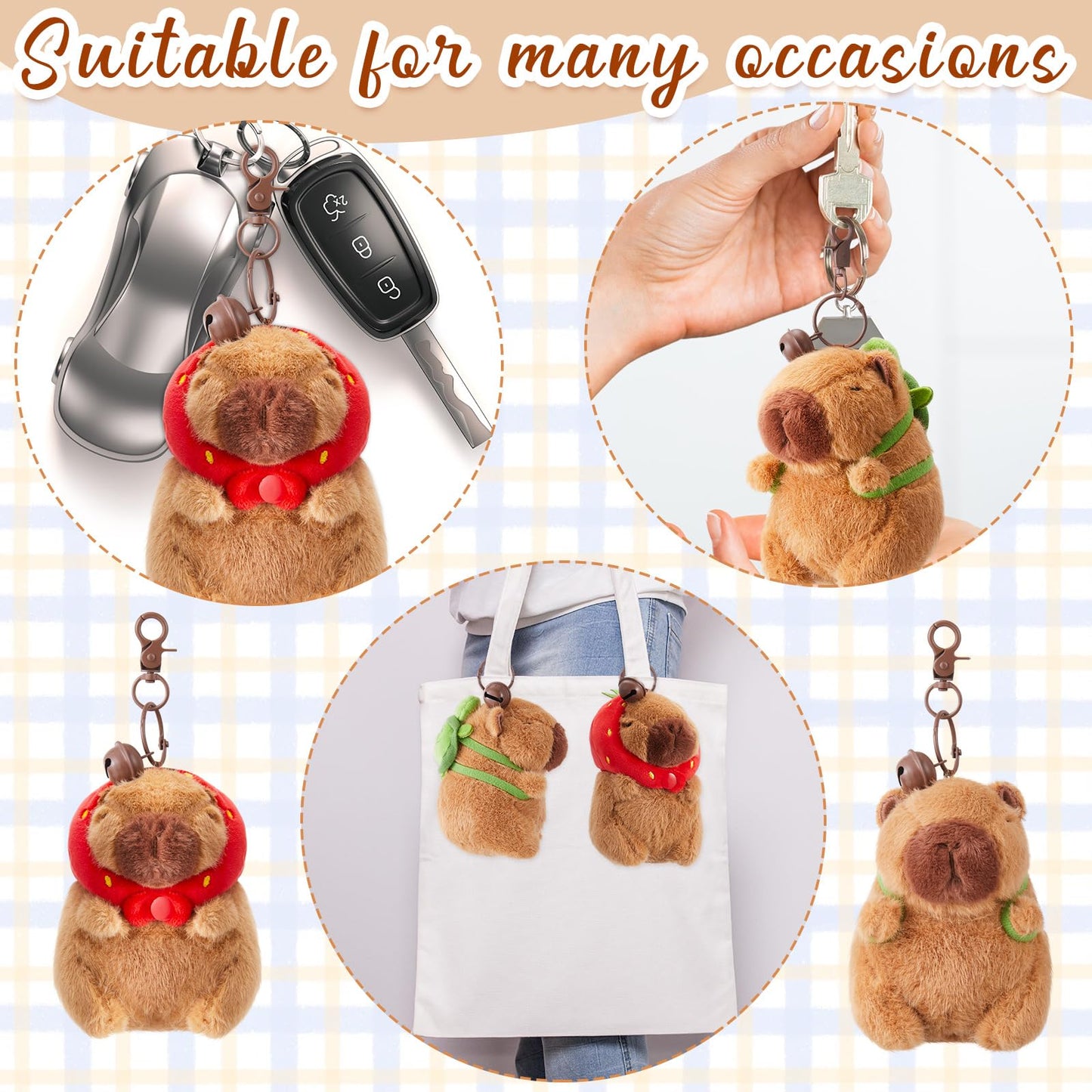 Capybara plush keychain with turtle bag hanging from keys and attached to white tote bag by Simgoing