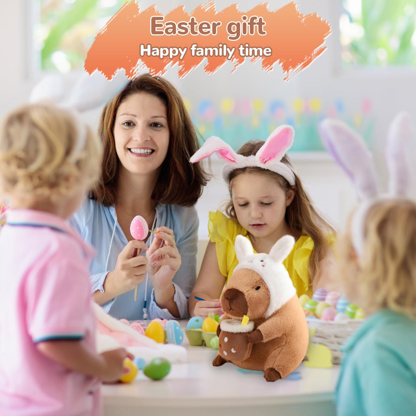 Capybara plush toy with bunny ears held by child during Easter family time celebration