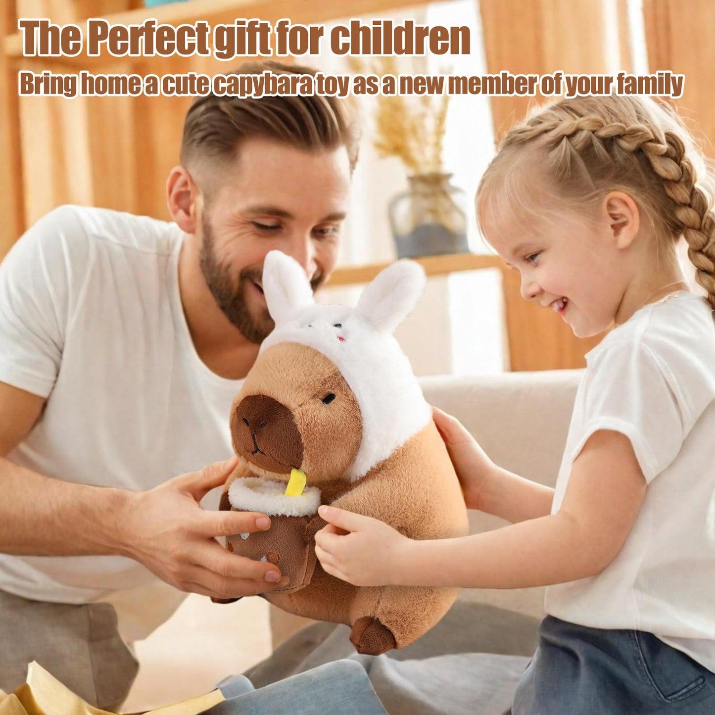 Father and daughter playing with a soft capybara plush toy wearing a bunny hat at home
